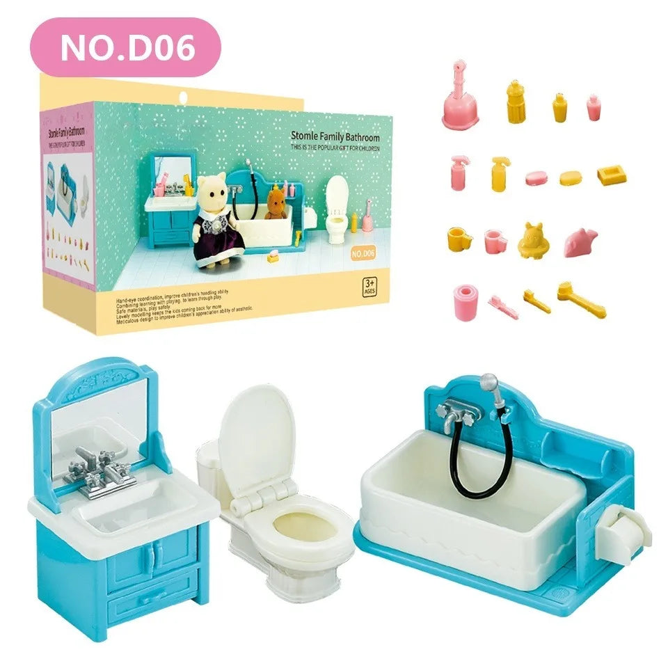 Dollhouse Furniture Set Doll house Bathroom/Kitchen/Fridge/Washing Machine Laundry Kids Doll House Miniature Pretend Play Toys