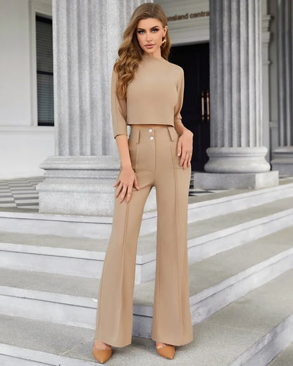 Elegant 2-Piece Women's Office Outfit Set with Mock Neck Crop Top And Buttoned Pants with Pocket Lady Work Wear matching Sets