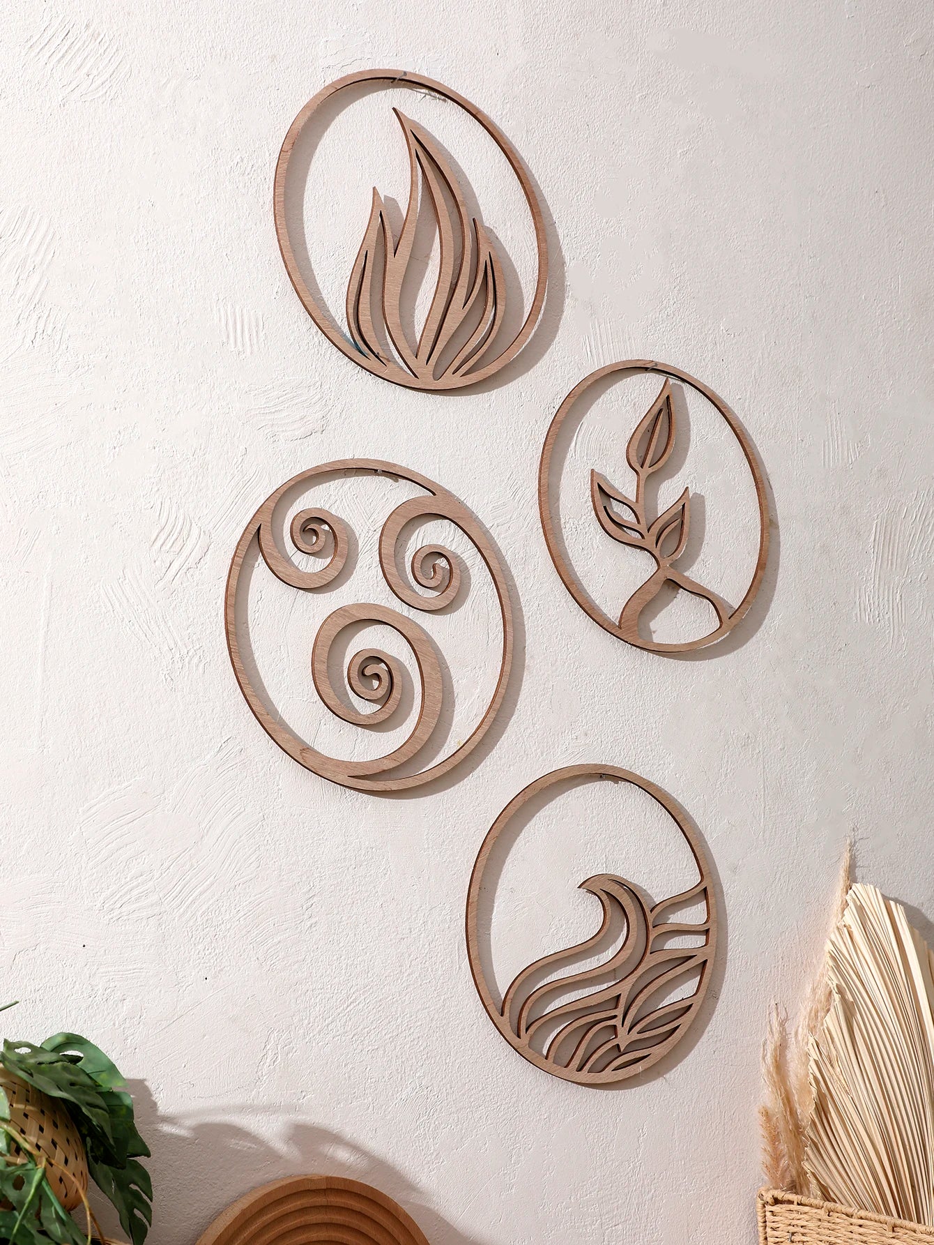 Natural Wooden Wall Hanging Wall Art Decor - Elements Design (Fire, Water, Earth, Air) Wood Hanging Wall Decor Boho Wall Accent
