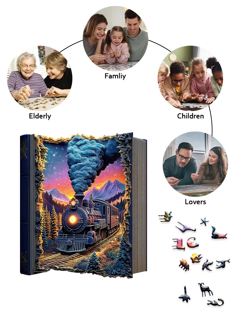 "Train Wooden Puzzle | Challenging Brain Game with Irregularly Cut Pieces • Durable Wooden Construction • Colorful Artwork & Int