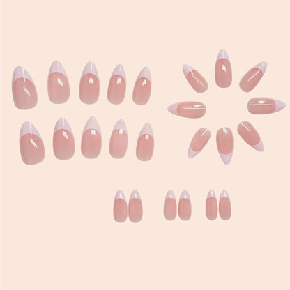 24pcs Fingertips White Press on Nails Pink Almond Wearing Nail Stickers Simple French False Nails Manicure for Women Free Glue