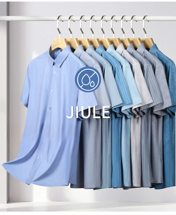 New in shirt summer short sleeve shirts for men slim fit formal plain shirt soft office striped top wrinkle free elastic clothes