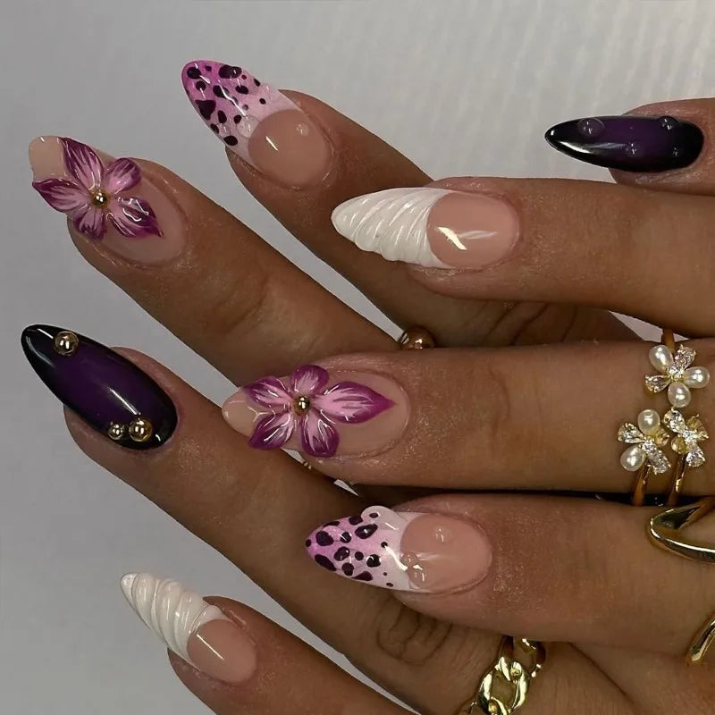 24Pcs Gradual Brown French Press on Nails 3D Mid-length Flowers Full Cover Almond Purple Nails with Colored Drawing Design Nail