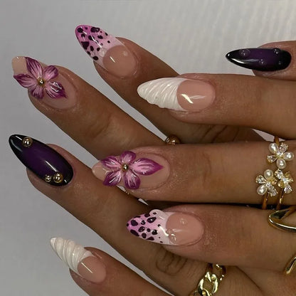 24Pcs Gradual Brown French Press on Nails 3D Mid-length Flowers Full Cover Almond Purple Nails with Colored Drawing Design Nail