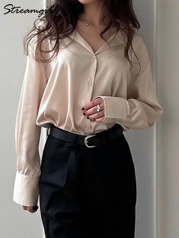 Office Wear Women Shirts Satin Blouse Luxury Pink Long Sleeve Formal Shirts Female Button Silk Tops For Women Elegant All-Match