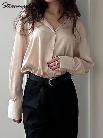 Office Wear Women Shirts Satin Blouse Luxury Pink Long Sleeve Formal Shirts Female Button Silk Tops For Women Elegant All-Match