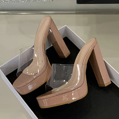 Liyke Summer Square Toe 12CM Thick High Heels Platform Slippers Ladies Chunky Sandals PVC Transparent Shoes Women Zapatos Mujer