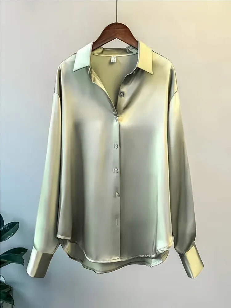 Fashion Casual Office Lady Silk Blouses Autumn Long Sleeve Button Up Shirt Women Elegant Winter Tops  Office Lady Acetate Blouse