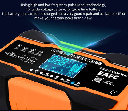 12V 24V 12A 10A Battery Charger Smart Fast Charging for Car Batteries 7-Stage Charge Pulse Repair for AGM GEL WET Lead Acid