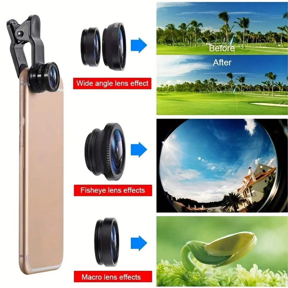 For All Smart Phone 3 in 1 Fisheye Phone Lens Wide Angle Zoom Lens Fish Eye Macro Lenses Camera Kits With Clip Lens On The Phone