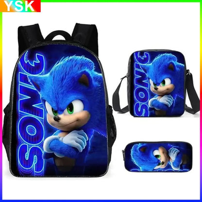 HOT 3PC-SET Sonic Backpack Primary and Secondary School School Bags  Anime Cartoon School Bags Best Gifts for Kids Mochila