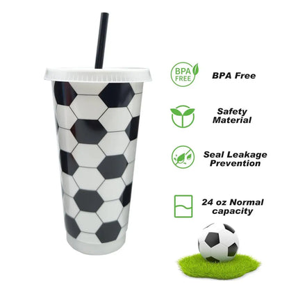 6Pcs Reusable Plastic Soccer Cups with Lid and Straw Soccer Gift Cups for Favors Soccer Sports Themed Party Decoration Supplies