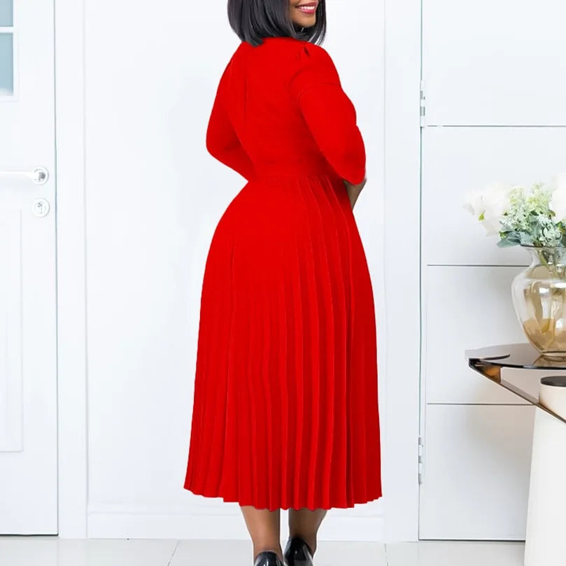 Office Dresses for Women V Neck Full Sleeve Belt Waisted Pleated Mid Calf Elegant Female Business Work Wear Dress Midi Cloth New