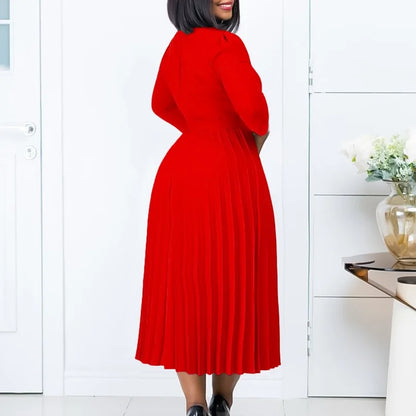 Office Dresses for Women V Neck Full Sleeve Belt Waisted Pleated Mid Calf Elegant Female Business Work Wear Dress Midi Cloth New