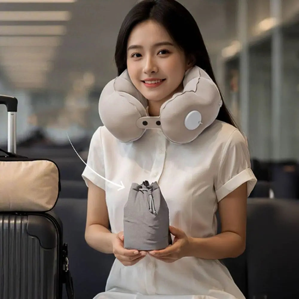 Pressed Inflation Inflatable Travel Pillow Lightweight Comfort U-shaped Pillow Head Neck Support with Storage Bag