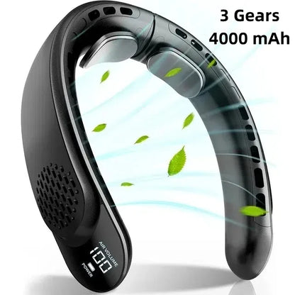 4000mAh Leafless Portable Neck Fan 3 Gears Adjustable Super Strong Wind Fast Cooling Multi-Function Digital Display Neck Fan
