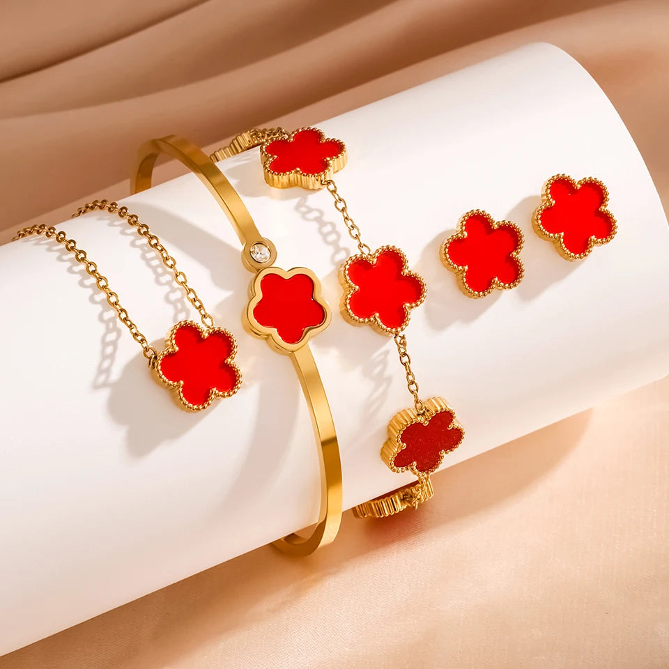 3Pcs Stainless Steel 316L Luxury Plum Blossom Plant Five Leaf Flower Necklace Earrings Bracelet For Women Gift Jewelry Sets