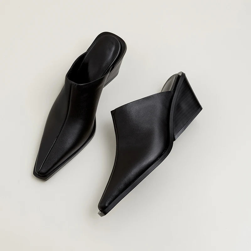 2024 New Women's Leather Lightweight Shoes Fashion Medium Short Heel Summer Wedge Slippers Women's Casual Office Shoes