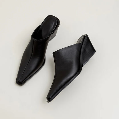 2024 New Women's Leather Lightweight Shoes Fashion Medium Short Heel Summer Wedge Slippers Women's Casual Office Shoes