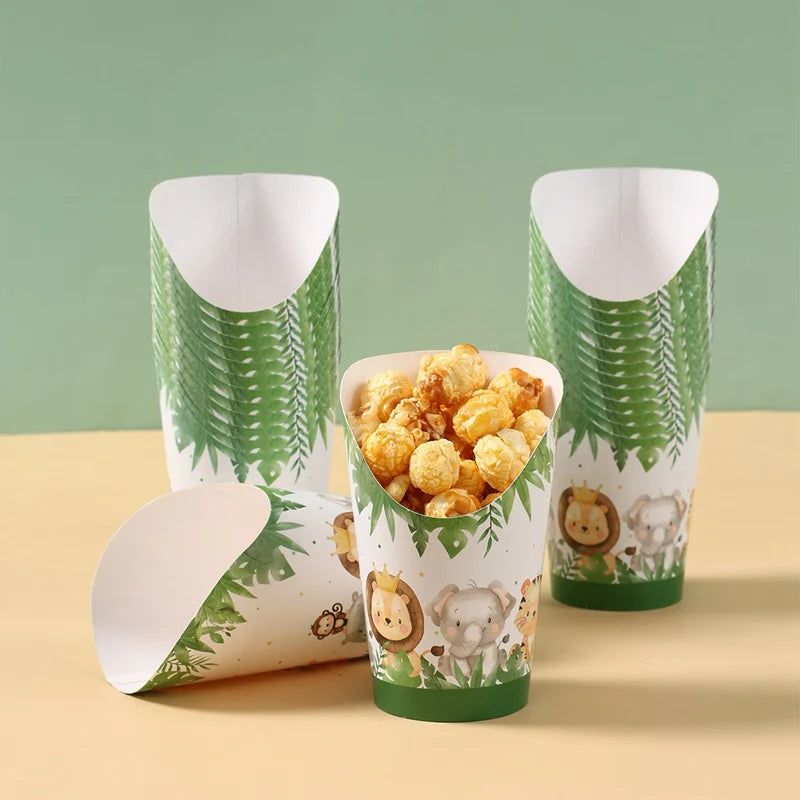 30PCS Jungle Animal Disposable Kraft Paper Slant Snack Cups Kraft Paper Slant Cups Snack Baking Cakes French Fries Containers