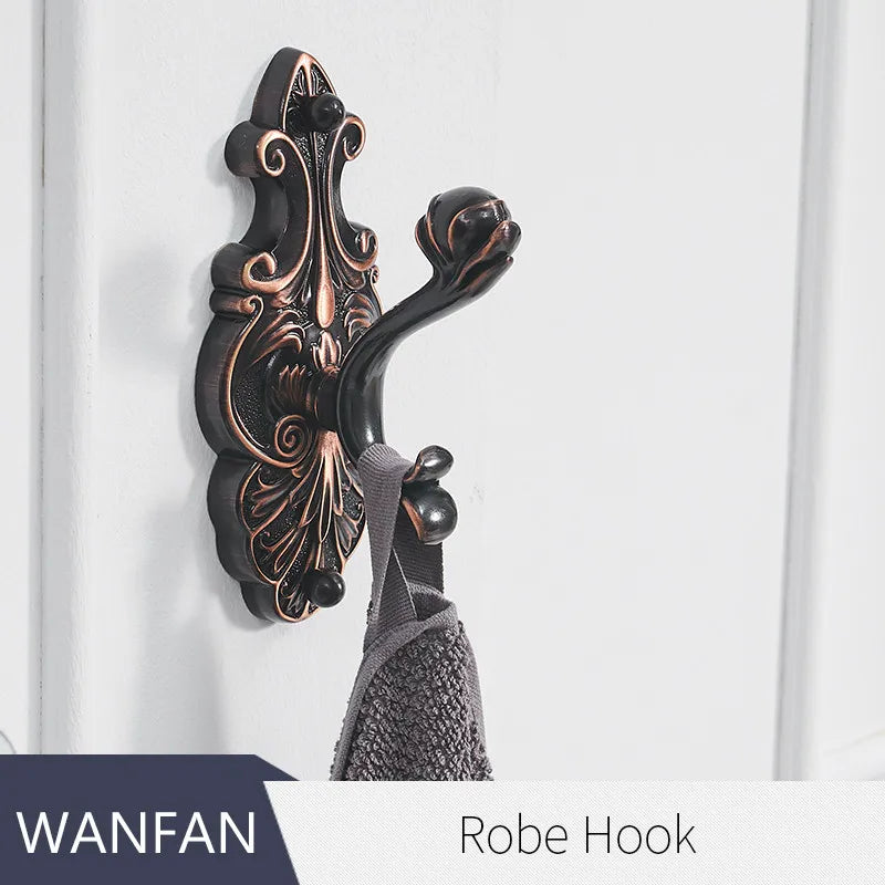Robe Hooks European Style Brass Black Hangers For Clothes Towel Rack Clothes Hook Home Decoration Bathroom Hardware Set WF-88801