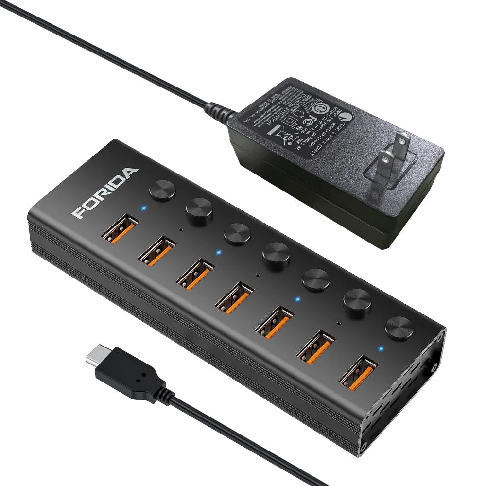 FORIDA USB C Hub 3.2 10Gbps 4/7 Port Aluminium Alloy Docking Stations Splitter LED Switches Adapter for MacBook Laptop Phone