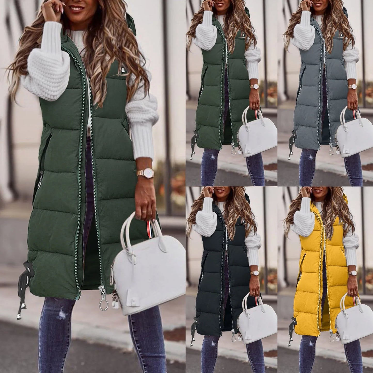 Women's New Green Sleeveless Warm Jacket Vest Fashion Thicken Puffy Hooded Puffer Jacket 2025 Spring Womens Coat Streetwear