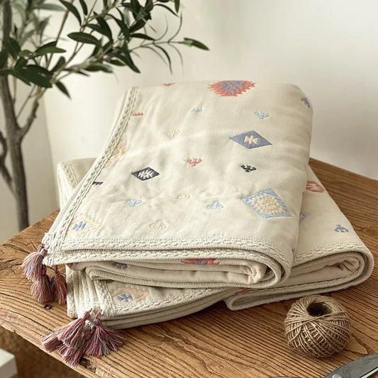 Quality Knitted Blanket for Mother Baby Six-ply Gauze Colourful Cross Magic Indian Tassel Quilt Multifunctional Cover Blanket 이불