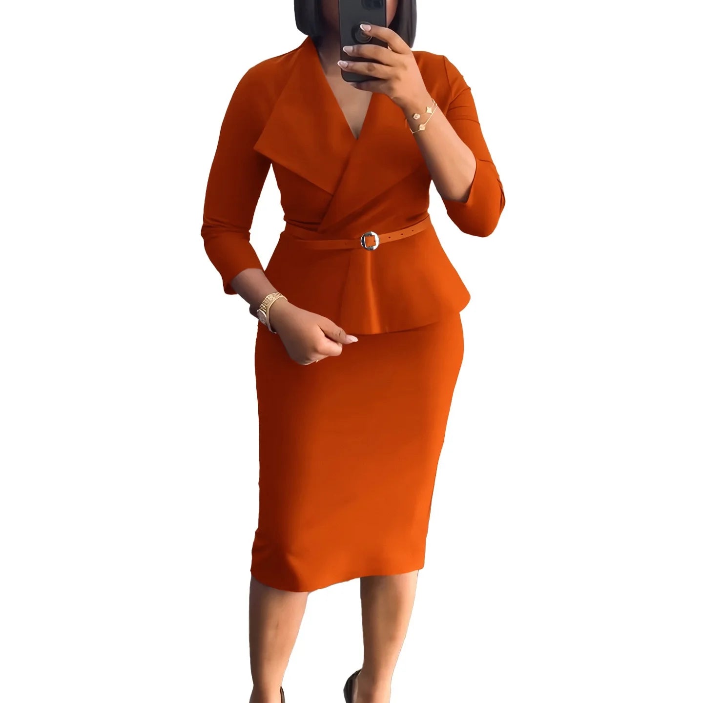 Elegant Office Dresses for Woman V Neck Full Sleeve Belt Waisted Sheath Package Hips Mid Calf Formal Business Work Wear Gowns OL