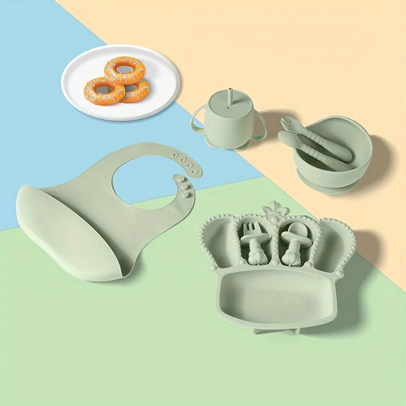 11pcs Silicone Baby Feeding Set: 1 Bowl, 1 Bib, 5-grid Plate, 2 Spoons & 2 Forks (Long & Short), 1 Cup with 2 Lids and 1 Straw