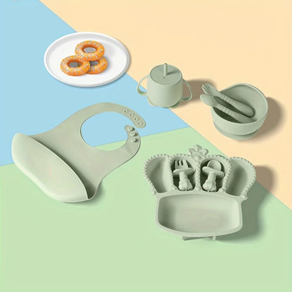11pcs Silicone Baby Feeding Set: 1 Bowl, 1 Bib, 5-grid Plate, 2 Spoons & 2 Forks (Long & Short), 1 Cup with 2 Lids and 1 Straw