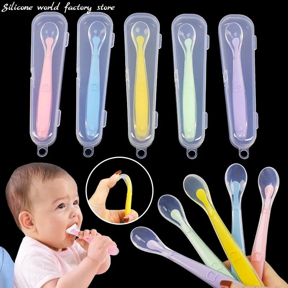 Silicone World Baby Complementary Food Silicone Spoon Training Spoon Soft Spoon Children's Feeding Tableware With Storage Box