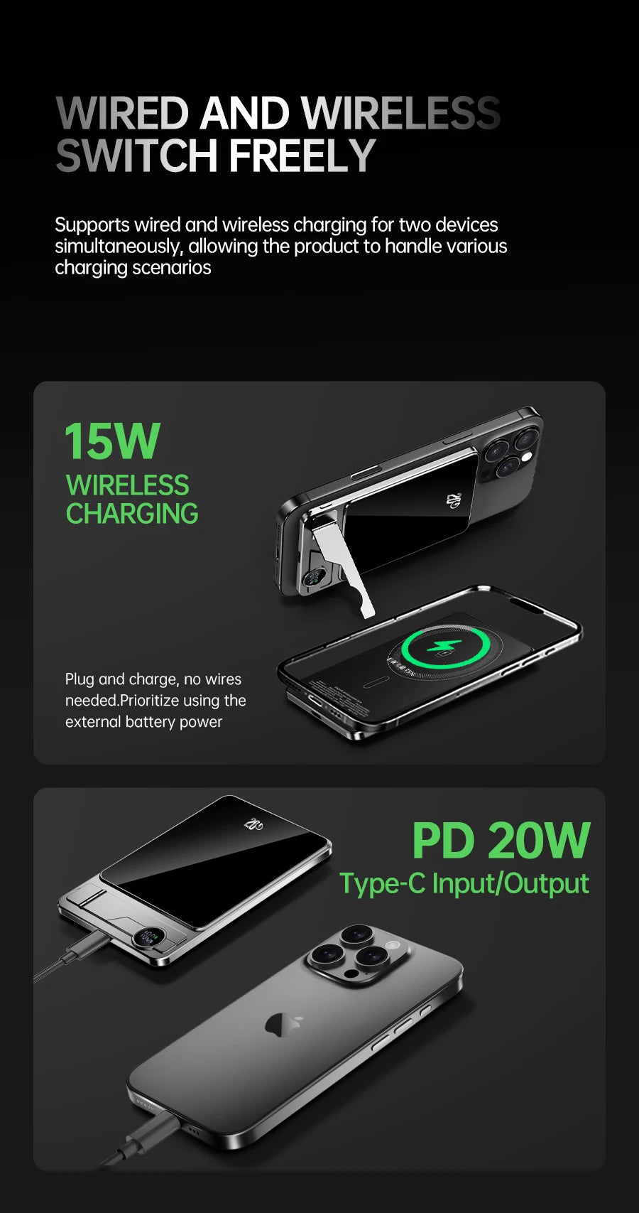 Portable Charger Powerbank With Cable PD20W Power Bank Wireless 15W With Phone Holder LED Display Mobile Phone Backup Battery