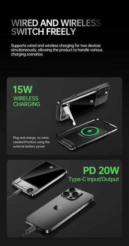 Portable Charger Powerbank With Cable PD20W Power Bank Wireless 15W With Phone Holder LED Display Mobile Phone Backup Battery