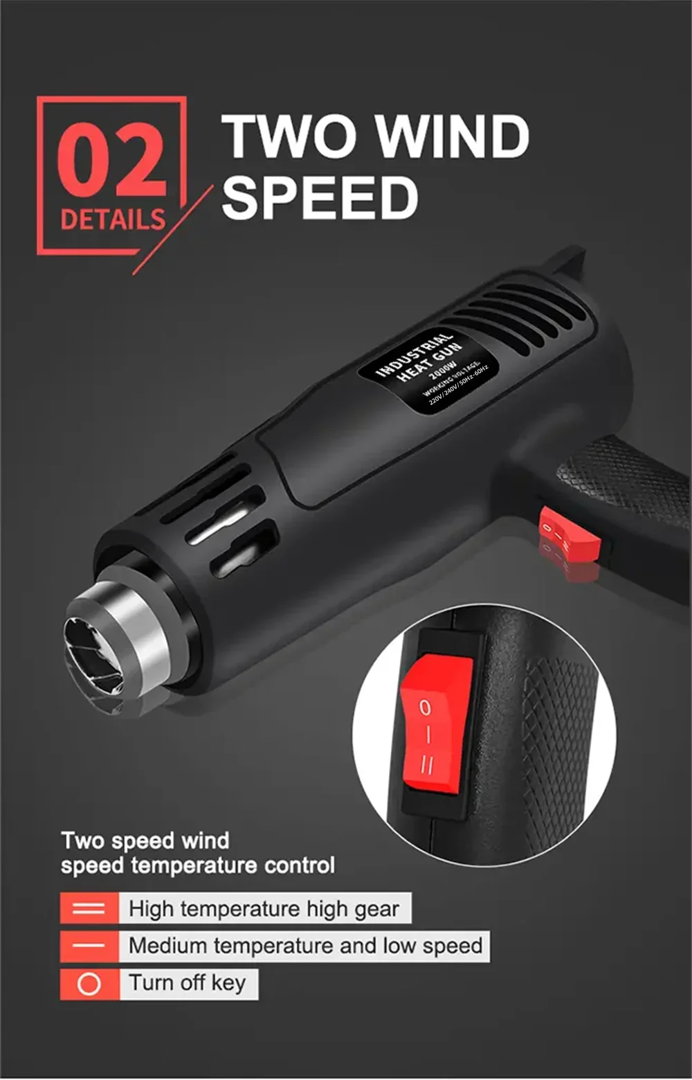 2000W Hot Air Gun High Power Temperature Regulating Industrial Electric Heat Gun Automobile Film Baking Gun Tool