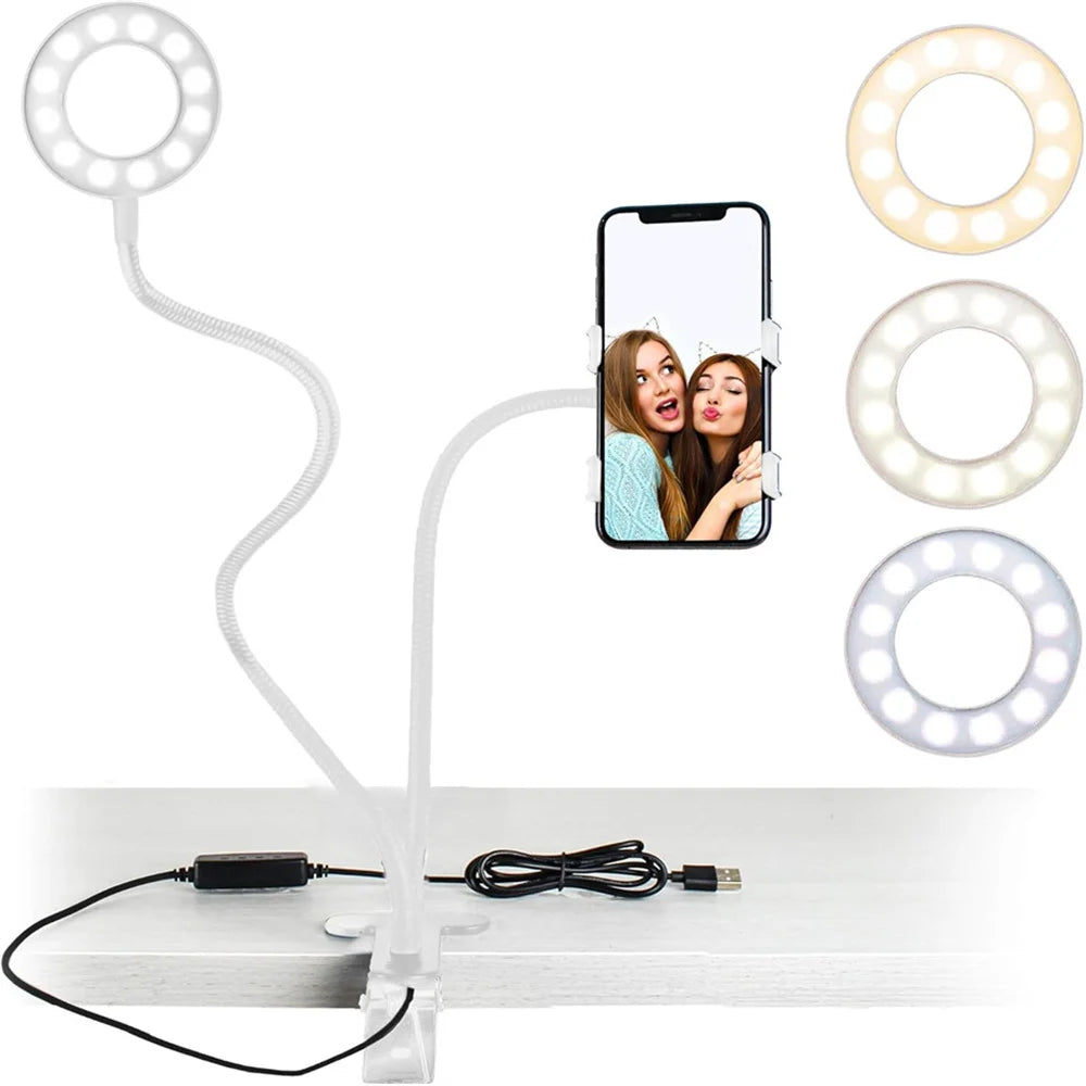 Selfie Ring Light with Phone Holder Clip-On Selfie Light Adjustable Flexible Gooseneck 2-in-1 Desk Ring Lamp for Live Streaming