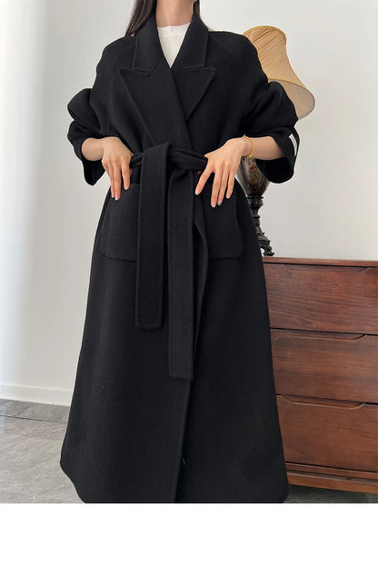 Office Lady Woolen Jackets 2024 Autumn And Winter Bathrobe Style Pocket Double-Sided Loose Lace -Up Tie Women's Long Wool Coats