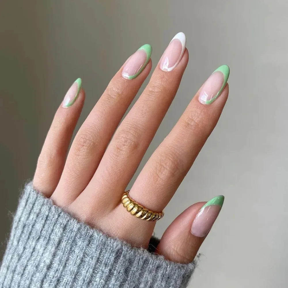 24pcs French Rainbow Fake Nails Simple Almond False Nails Art Waterproof Removable Artificial Press on Nail with Accessories