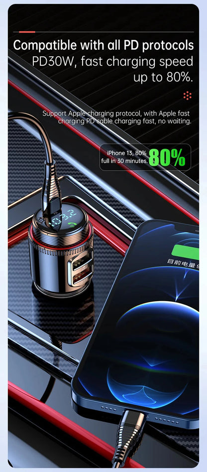 Xiaomi 2025 New PD30W+QC Bluetooth 5.4 Car MP3 Player FM Transmitter Wireless Handsfree U Disk Play USB Car Fast Charge Adapter