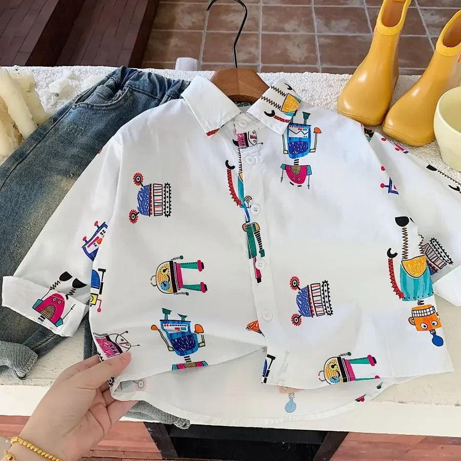 Baby Boys Blouses Toddler Lapel Blouse Kids Long-Sleeved Cotton Tops Full Printed Shirts 2025 Spring Autumn Children's Clothing