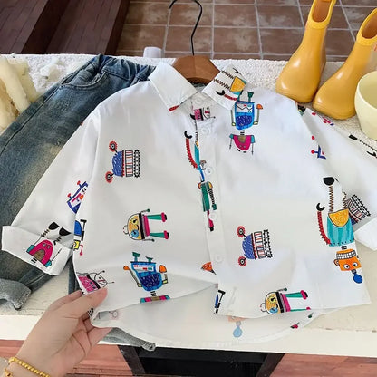 Baby Boys Blouses Toddler Lapel Blouse Kids Long-Sleeved Cotton Tops Full Printed Shirts 2025 Spring Autumn Children's Clothing
