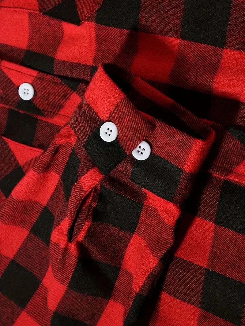 Spring and Autumn Fashion Cotton Long Sleeve Men's Shirt New Brushed Red Plaid Business Leisure Fit Flannel No iron