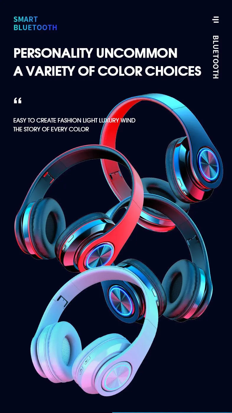 over-ear bluetooth headset wireless subwoofer headset folding card colorful luminous headset