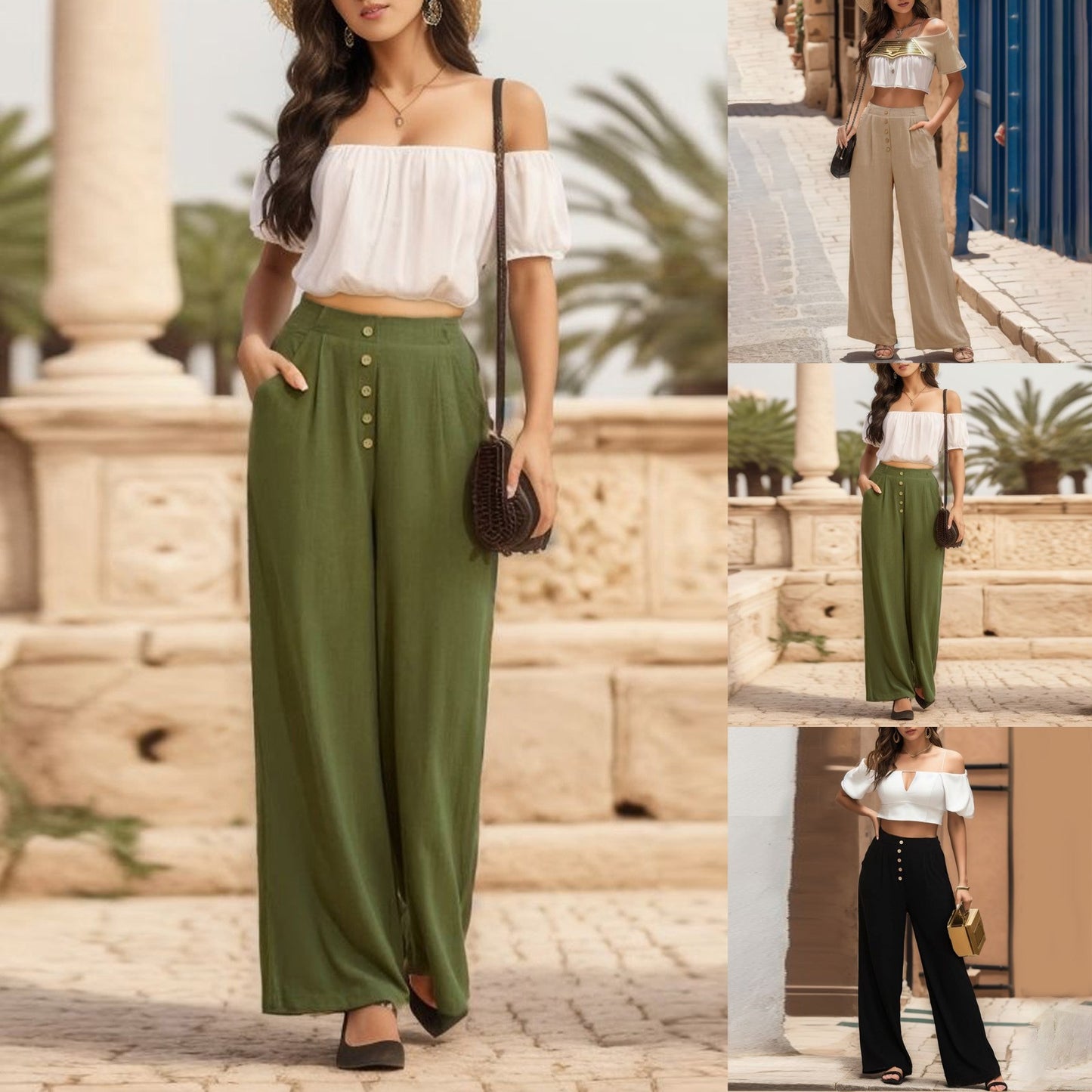 Pants For Women Summer Autumn Flowy Cotton Wide Leg Palazzo Pants Long Slacks High Waist Button Trousers Female Trousers