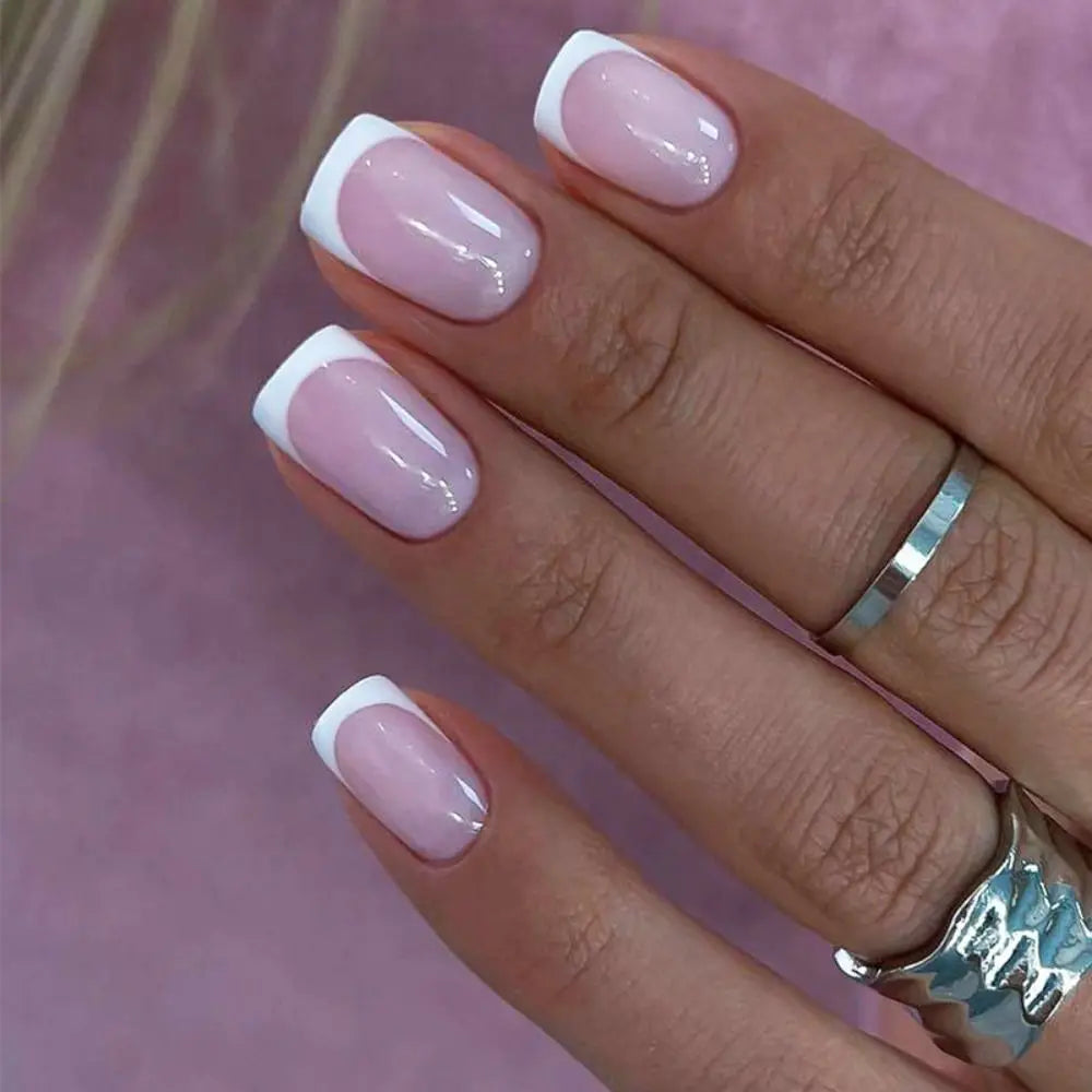 24PCS Short Square False Nails French White Edge Fake Nials Silver Flame Full Cover Press On Nails Detachable Ballerina Nail Tip