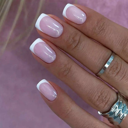 24PCS Short Square False Nails French White Edge Fake Nials Silver Flame Full Cover Press On Nails Detachable Ballerina Nail Tip