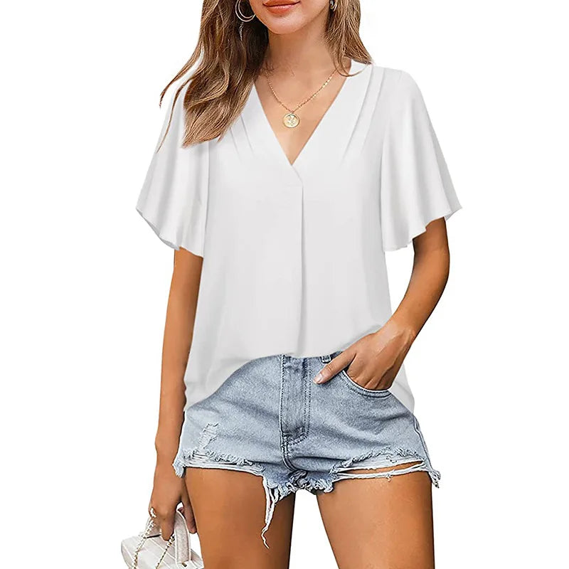 Office Lady Blouse Summer Women V-Neck Loose Short Sleeved T-Shirt  Daily Casual Tops Work Clothes