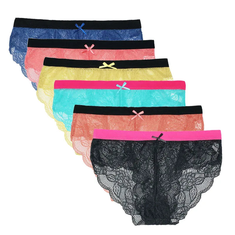 5 PCS/Set Sexy Ladies Transparent Lace Lingerie Panties Woman Cotton Crotch Solid Color Briefs Underwear
