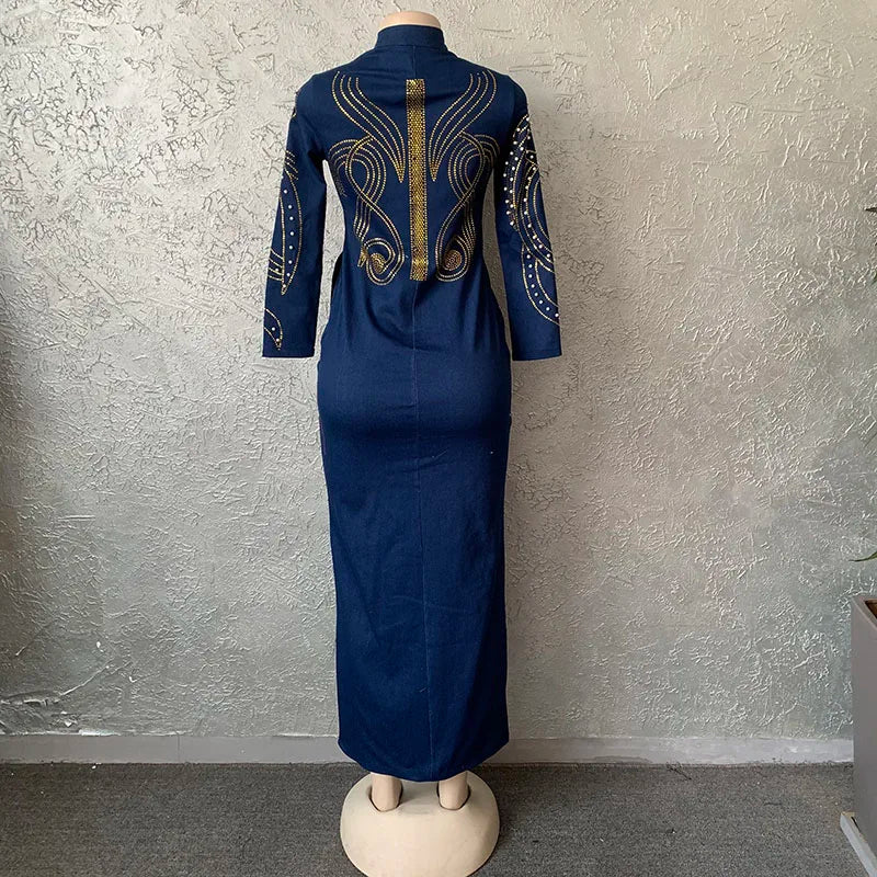 HOUSEOFSD High Quality Long Sleeve Jeans Dress African Women Fashion Zipper Beading Denim Maxi Dresses