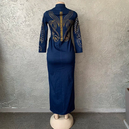 HOUSEOFSD High Quality Long Sleeve Jeans Dress African Women Fashion Zipper Beading Denim Maxi Dresses